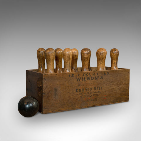 Set Of Antique Skittles, English, Beech, 10 Pins, Ball, Case, Victorian, C.1900