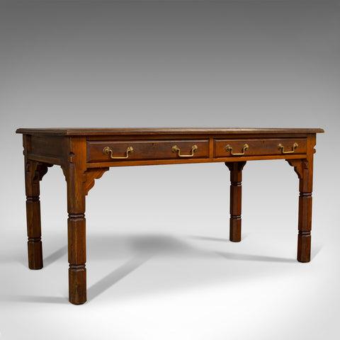 Antique Table, English, Pitch Pine, 2 Drawer, Desk, Gothic Revival, Victorian