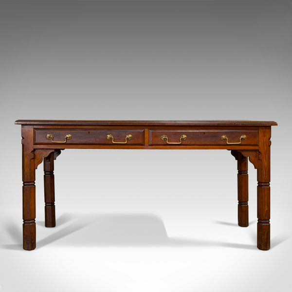 Antique Table, English, Pitch Pine, 2 Drawer, Desk, Gothic Revival, Victorian