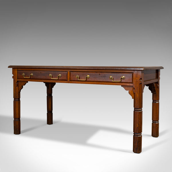 Antique Table, English, Pitch Pine, 2 Drawer, Desk, Gothic Revival, Victorian