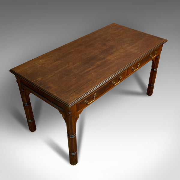 Antique Table, English, Pitch Pine, 2 Drawer, Desk, Gothic Revival, Victorian