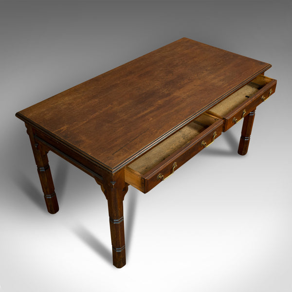 Antique Table, English, Pitch Pine, 2 Drawer, Desk, Gothic Revival, Victorian