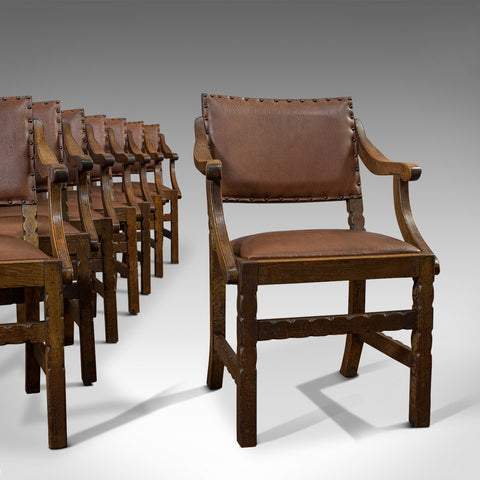 Set of 8, Antique Dining Chairs, Oak, Seat, Arts & Crafts, Hamptons, Edwardian