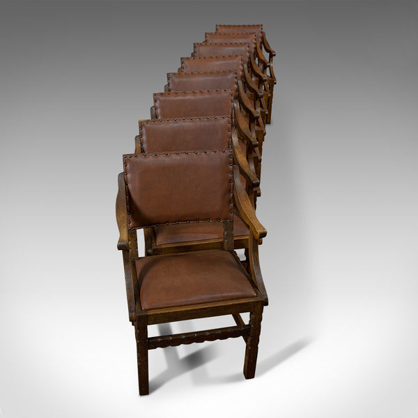 Set of 8, Antique Dining Chairs, Oak, Seat, Arts & Crafts, Hamptons, Edwardian