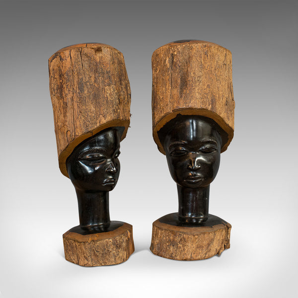 Pair Of, Antique Carved Heads, African, Ebony, Decorative Statue, Victorian