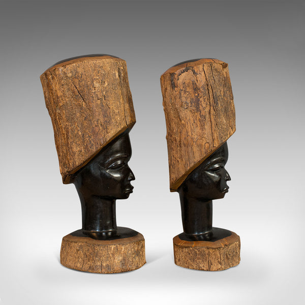 Pair Of, Antique Carved Heads, African, Ebony, Decorative Statue, Victorian