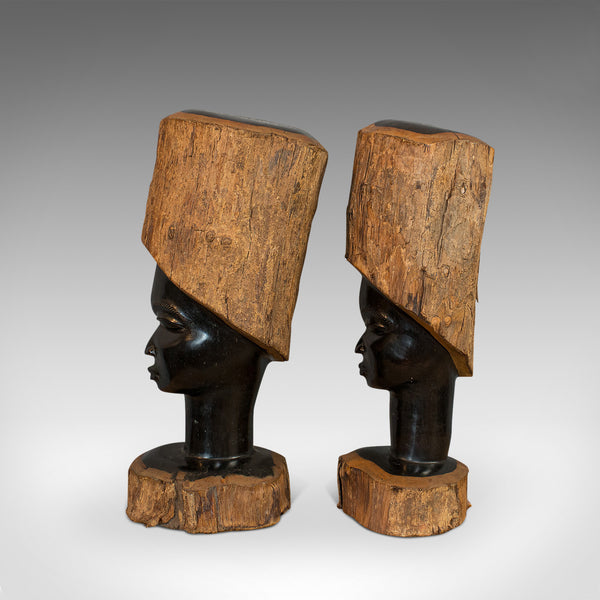 Pair Of, Antique Carved Heads, African, Ebony, Decorative Statue, Victorian