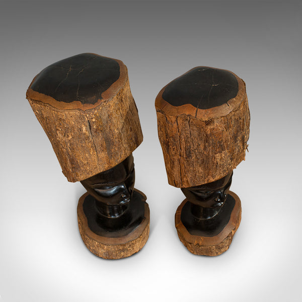 Pair Of, Antique Carved Heads, African, Ebony, Decorative Statue, Victorian
