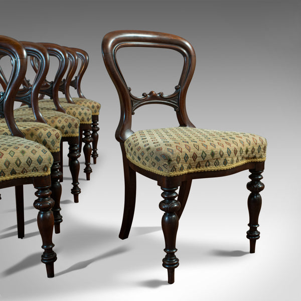 Antique Set of 6 Dining Chairs, English, Walnut, Balloon Back, Victorian, C.1850