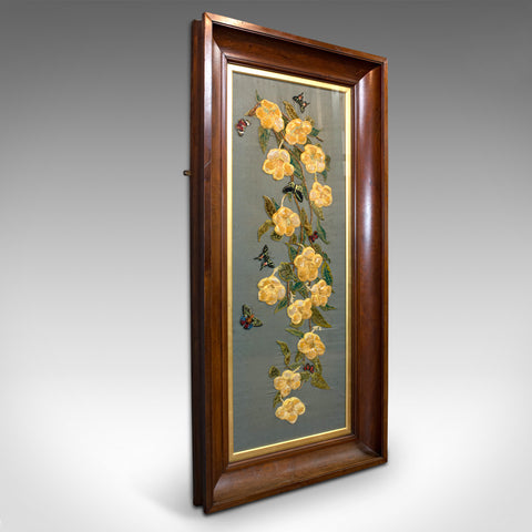 Antique Embroidered Silk Panel, Oriental, Chestnut, Decorative, Victorian, 1900