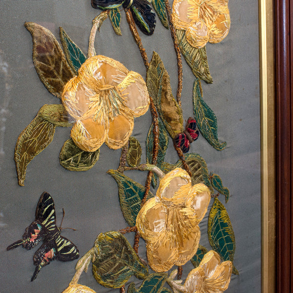 Antique Embroidered Silk Panel, Oriental, Chestnut, Decorative, Victorian, 1900