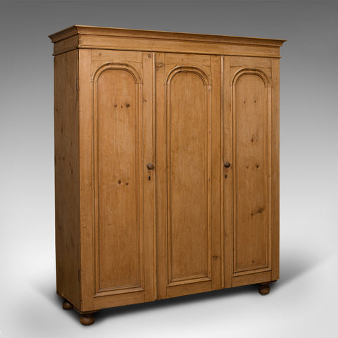 Antique Three Panel Wardrobe, English, Pine, Cupboard, Closet, Victorian, C.1900