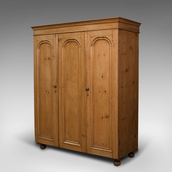 Antique Three Panel Wardrobe, English, Pine, Cupboard, Closet, Victorian, C.1900