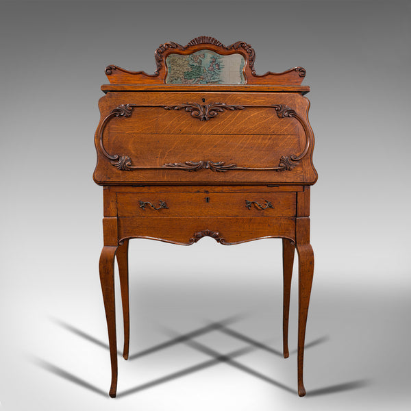 Small Antique Ladies Writing Desk, French, Oak, Bureau, Mirror, Victorian, 1900