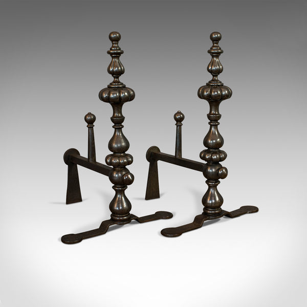 Pair Of Antique Decorative Fire Rests, Wrought Iron Fireside Andirons, Victorian