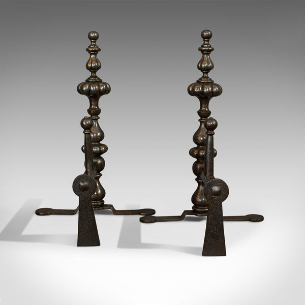 Pair Of Antique Decorative Fire Rests, Wrought Iron Fireside Andirons, Victorian