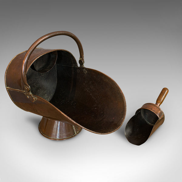 Antique Helmet Coal Scuttle, English, Copper, Fireside Bucket, Victorian, 1870