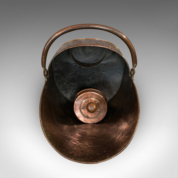 Antique Helmet Coal Scuttle, English, Copper, Fireside Bucket, Victorian, 1870