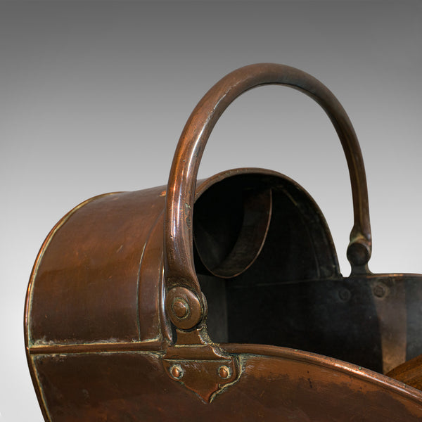 Antique Helmet Coal Scuttle, English, Copper, Fireside Bucket, Victorian, 1870