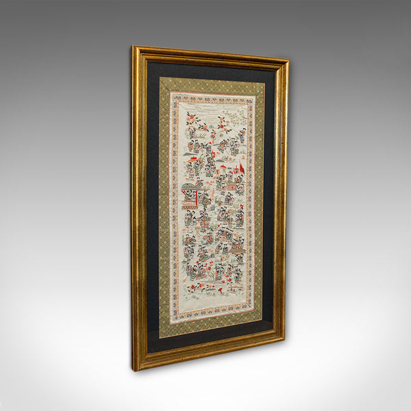 Antique Framed Silk Panel, Oriental, Embroidered, Decorative, 100 Children, 1900