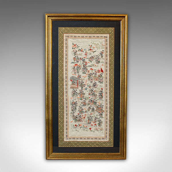 Antique Framed Silk Panel, Oriental, Embroidered, Decorative, 100 Children, 1900