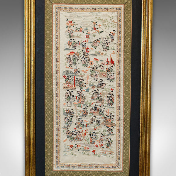 Antique Framed Silk Panel, Oriental, Embroidered, Decorative, 100 Children, 1900