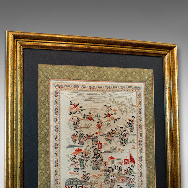 Antique Framed Silk Panel, Oriental, Embroidered, Decorative, 100 Children, 1900