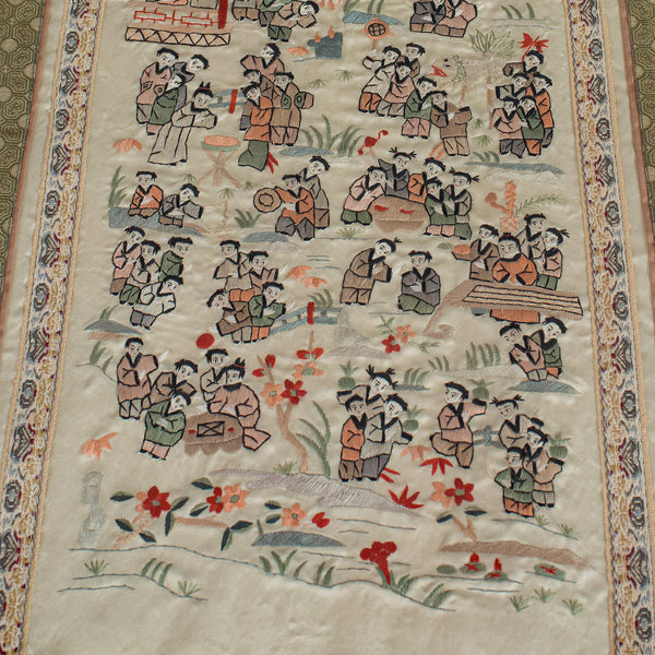 Antique Framed Silk Panel, Oriental, Embroidered, Decorative, 100 Children, 1900