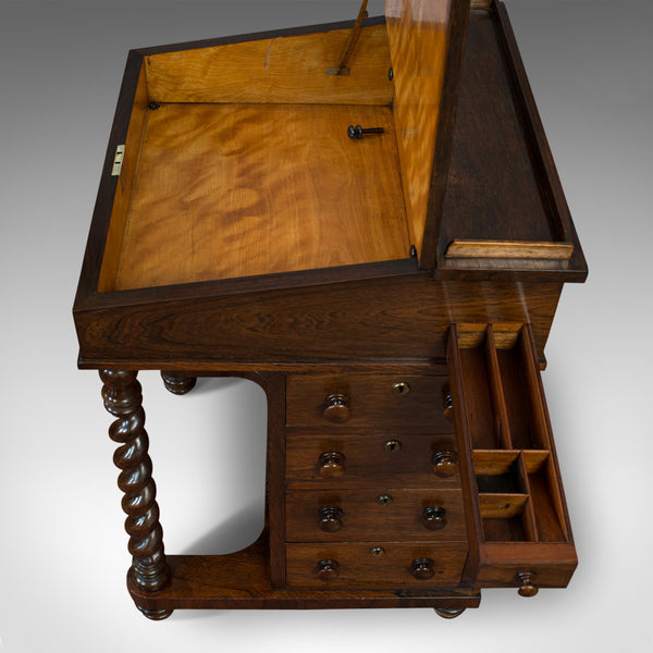 Antique Davenport, English, Rosewood, Satinwood, Writing Desk, Victorian, C.1880