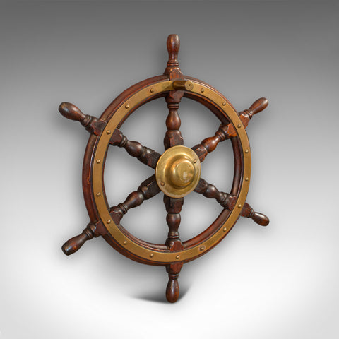 Vintage Ship's Wheel, English, Oak, Brass, Decorative, Maritime, Display, 1950