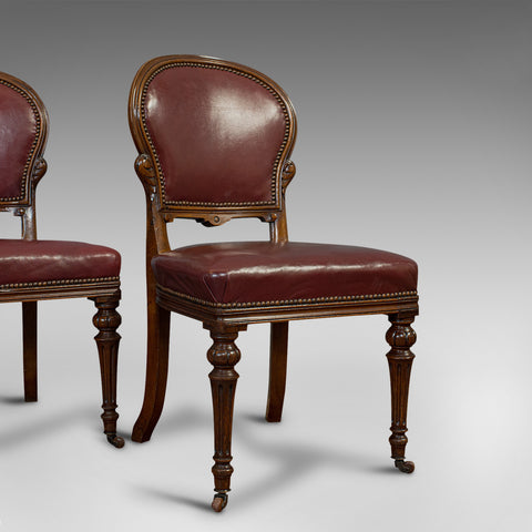 Pair Of Antique Chairs, Walnut, Leather, Seat, Doveston, Bird & Hull, Victorian