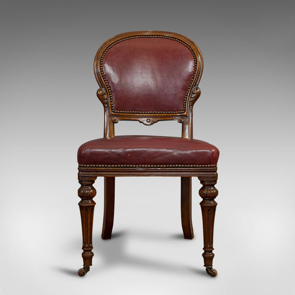Pair Of Antique Chairs, Walnut, Leather, Seat, Doveston, Bird & Hull, Victorian