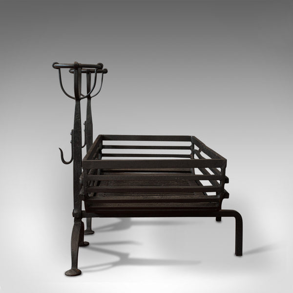 Antique Fire Basket, Pair of Andirons, English, Iron, Fireside, Victorian, 1900