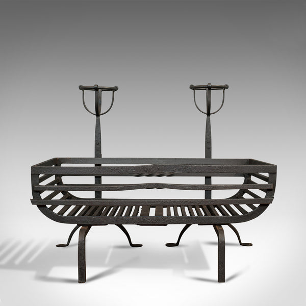 Antique Fire Basket, Pair of Andirons, English, Iron, Fireside, Victorian, 1900