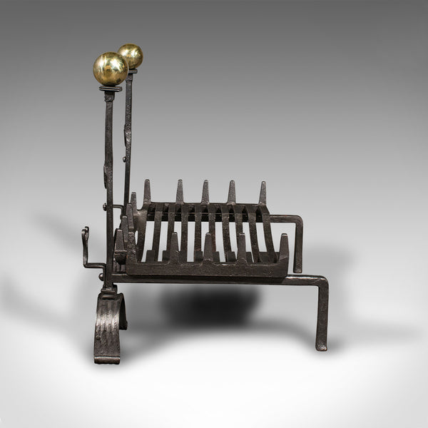 Antique Fire Grate, English, Cast Iron, Brass, Basket, Andirons, Victorian, 1880