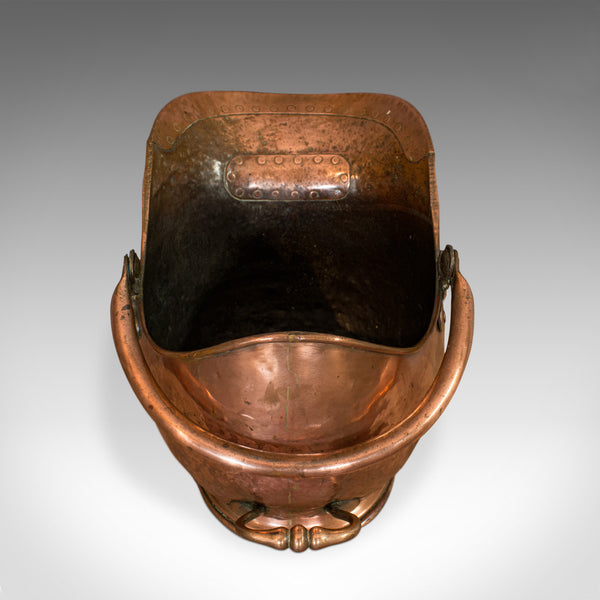 Antique Helmet Scuttle, Copper, Coal, Bucket, Fireside, Bin, Victorian, C.1880