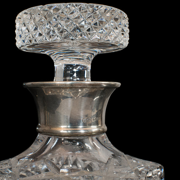 Vintage Decanter, English, Cut Glass, Silver Collar, London, Hallmark, 1971