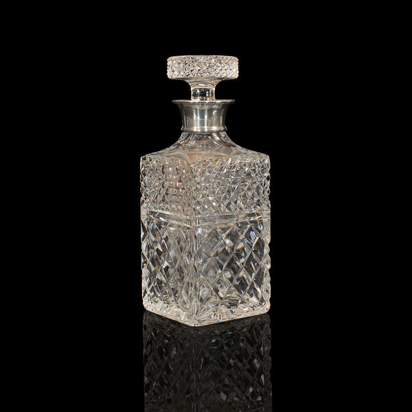 Vintage Decanter, English, Cut Glass, Silver Collar, London, Hallmark, 1971