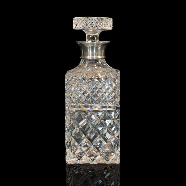 Vintage Decanter, English, Cut Glass, Silver Collar, London, Hallmark, 1971
