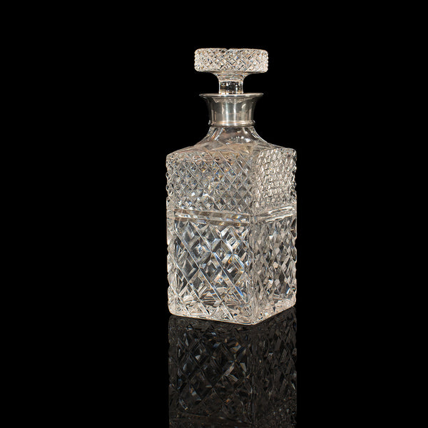 Vintage Decanter, English, Cut Glass, Silver Collar, London, Hallmark, 1971