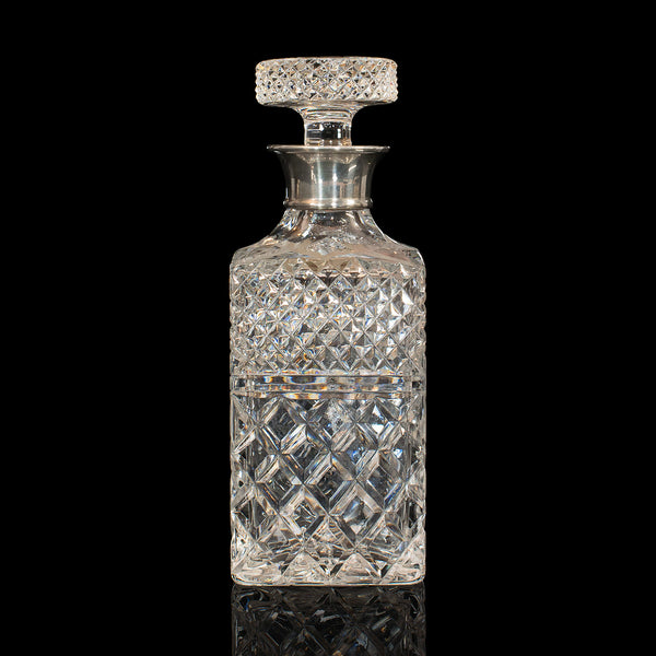 Vintage Decanter, English, Cut Glass, Silver Collar, London, Hallmark, 1971