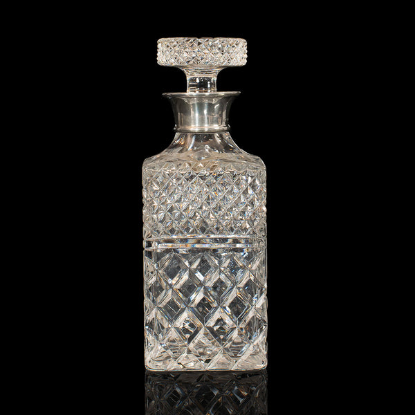 Vintage Decanter, English, Cut Glass, Silver Collar, London, Hallmark, 1971