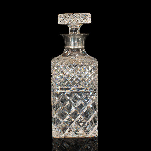 Vintage Decanter, English, Cut Glass, Silver Collar, London, Hallmark, 1971