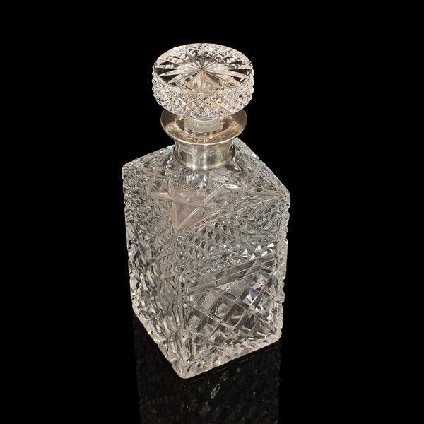 Vintage Decanter, English, Cut Glass, Silver Collar, London, Hallmark, 1971