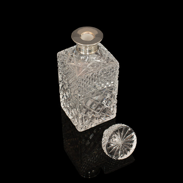 Vintage Decanter, English, Cut Glass, Silver Collar, London, Hallmark, 1971