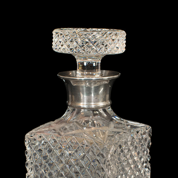 Vintage Decanter, English, Cut Glass, Silver Collar, London, Hallmark, 1971