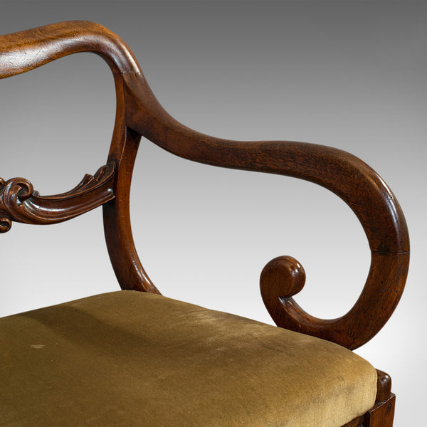 Antique Scroll Arm Chair, English, Mahogany, Buckle Back, Seat, William IV, 1835