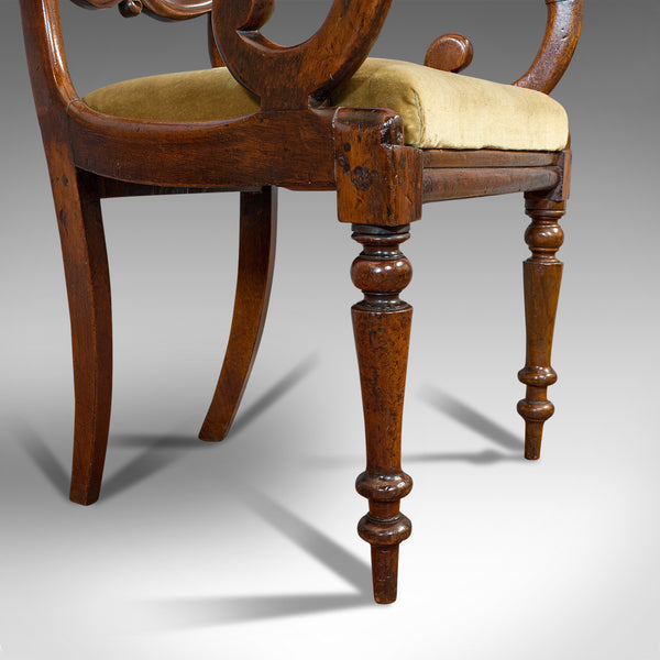 Antique Scroll Arm Chair, English, Mahogany, Buckle Back, Seat, William IV, 1835