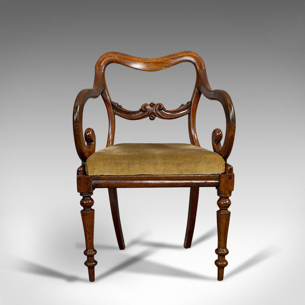 Antique Scroll Arm Chair, English, Mahogany, Buckle Back, Seat, William IV, 1835
