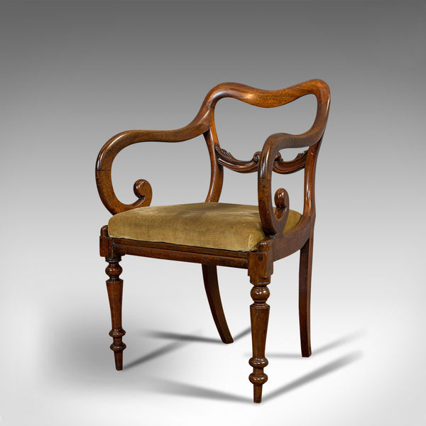 Antique Scroll Arm Chair, English, Mahogany, Buckle Back, Seat, William IV, 1835
